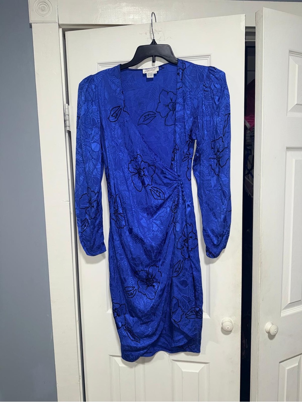 Lord & Taylor Electric Blue Floral Wrap-Style Long-Sleeve Dress